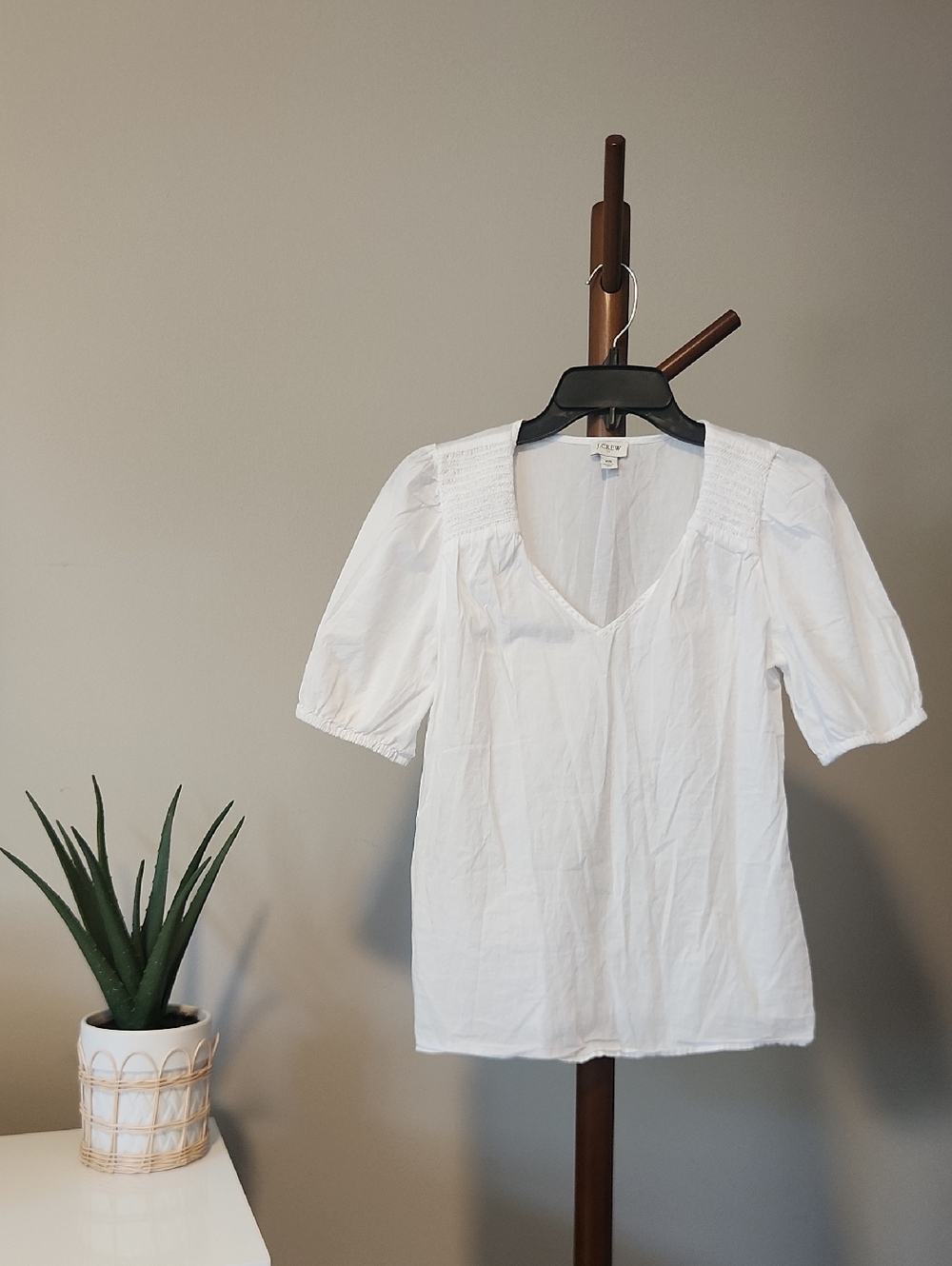 J Crew White Puff Sleeve V-Neck Top
